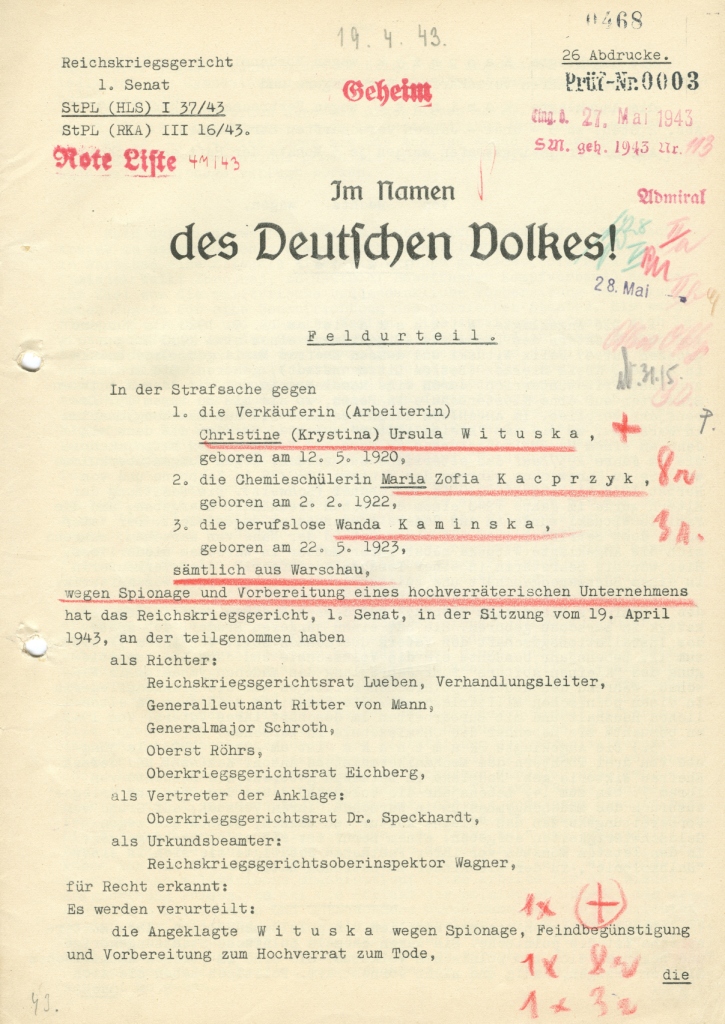 Scan of Original Document with lots of stamps, parts of the text underlined in red and handwritten notes
